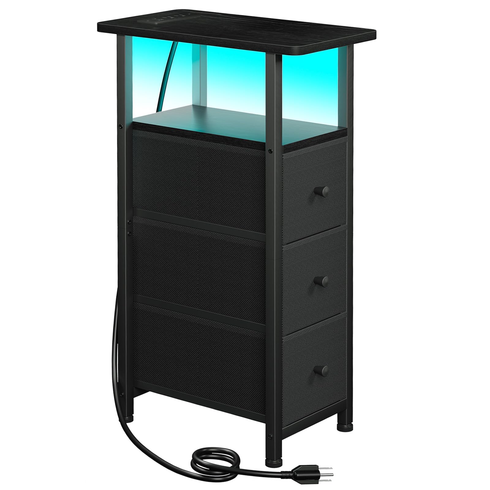 HETNDP03LBK-1 Narrow End Table with Charging Station | Slim LED Nightstand for Small Spaces | Functional Skinny Side Tab