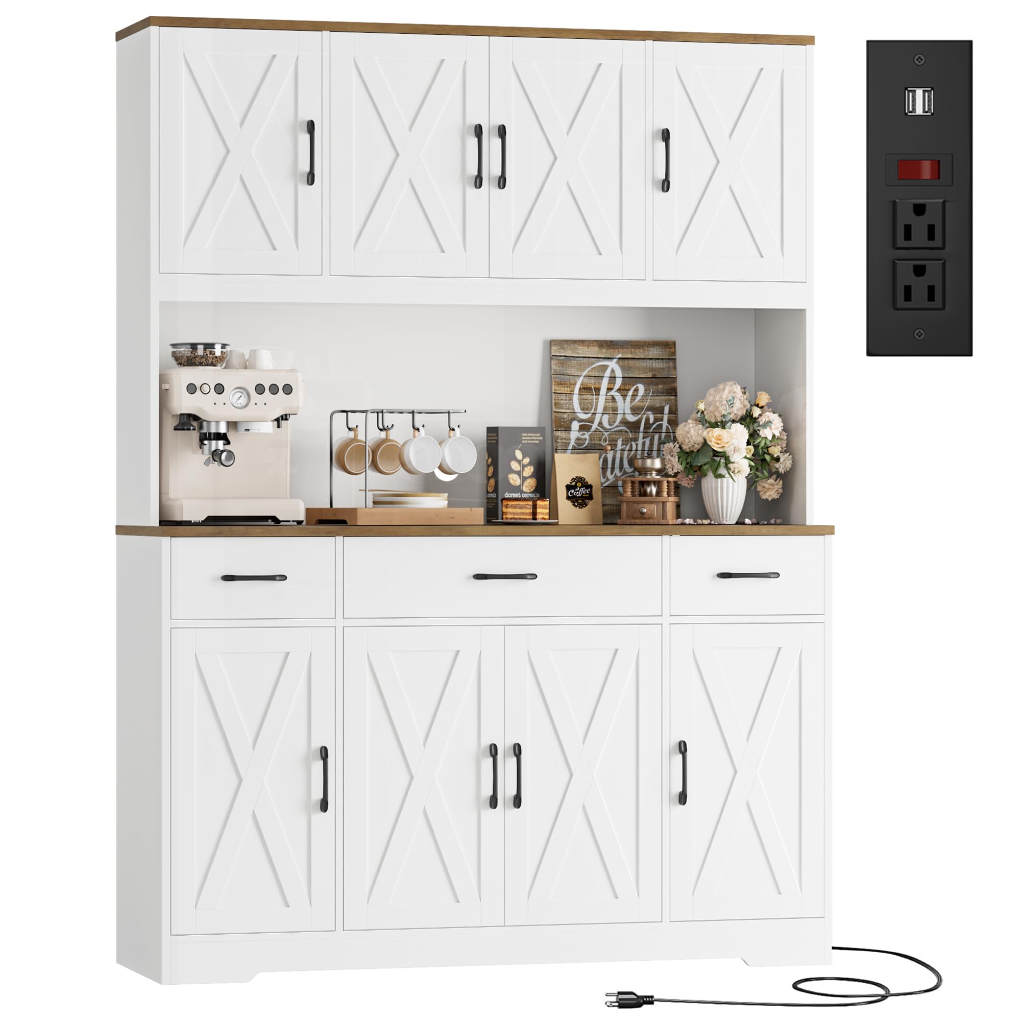 HOSTACK 71" Tall Kitchen Pantry Cabinet with Charging Station, 55" Wide Storage Hutch for Dining Room & Living Room, Fun